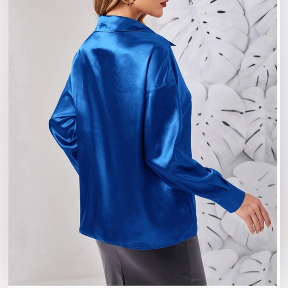 Button Front Drop Shoulder Satin Blouse Blue - Picture 4 of 9